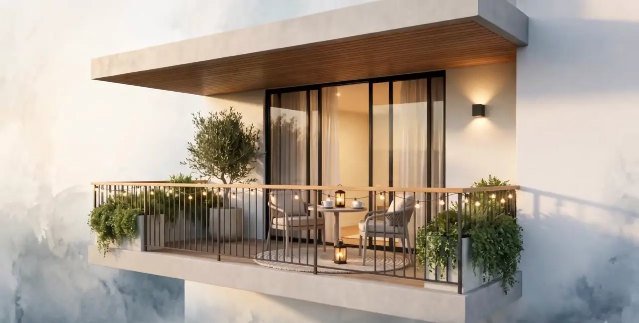 Renovated modern balcony with new railing, decking and planters