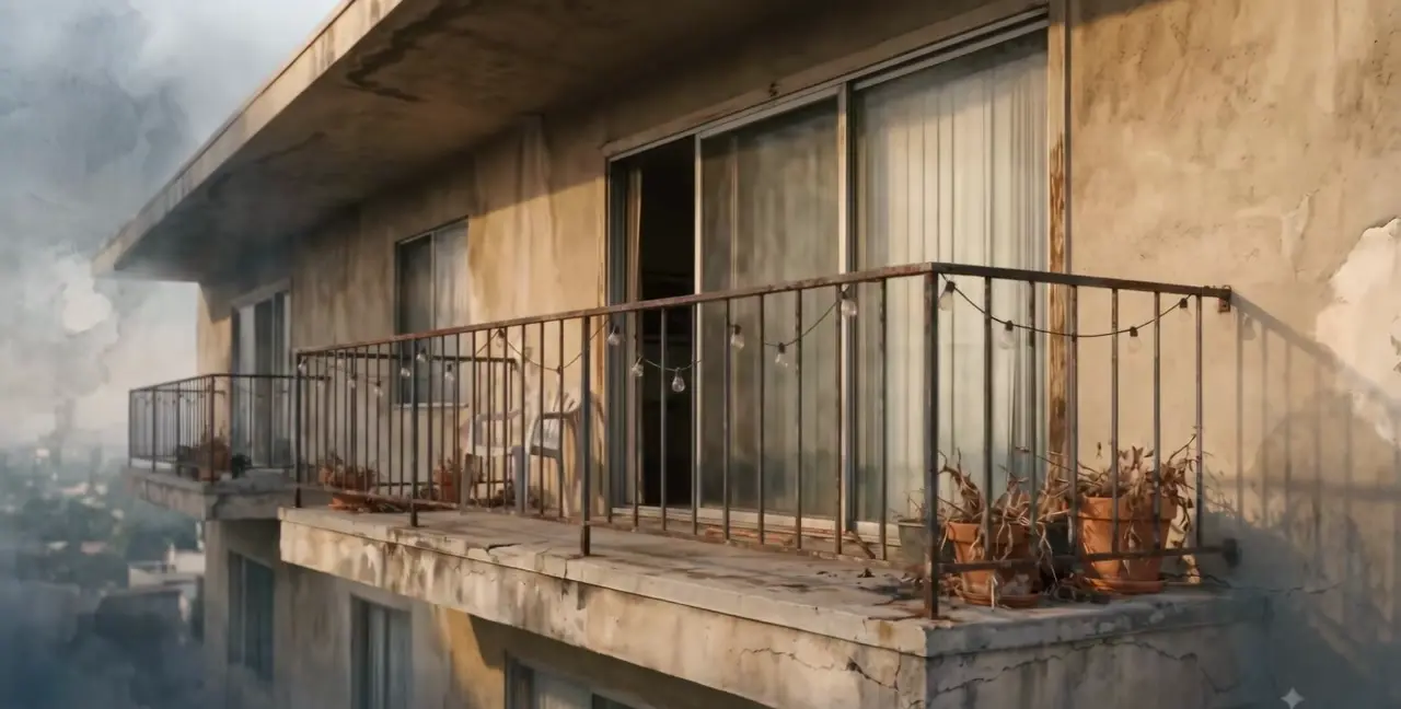 Close-up of water damage and deterioration at a balcony edge