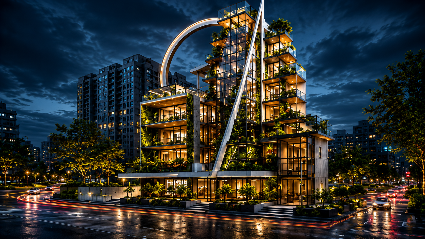 Multi-storey residential building with balconies at night